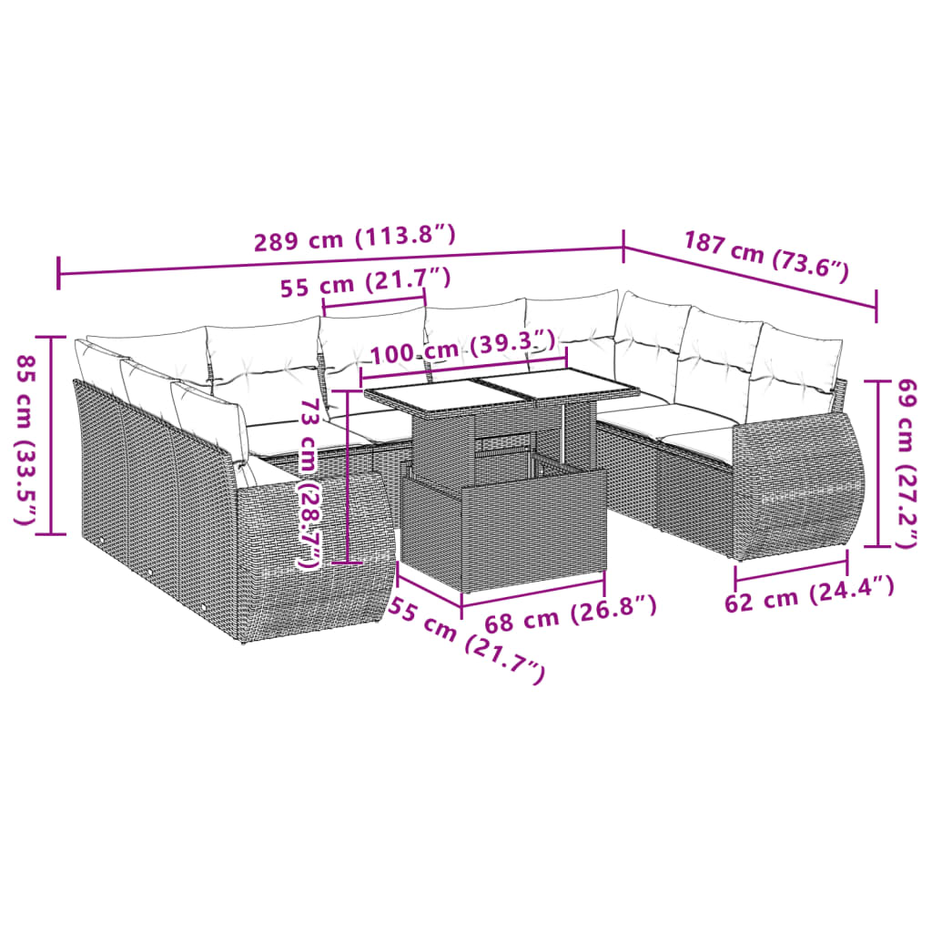 10-tlg. Garten-Sofagarnitur mit Kissen Schwarz Poly Rattan - Pazzar.ch