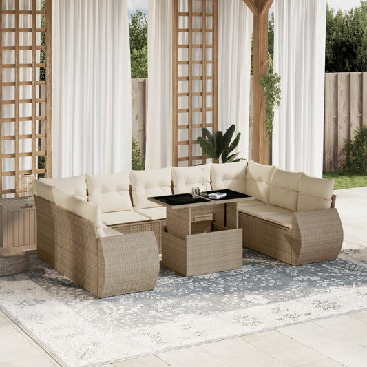 10-tlg. Garten-Sofagarnitur mit Kissen Beige Poly Rattan - Pazzar.ch