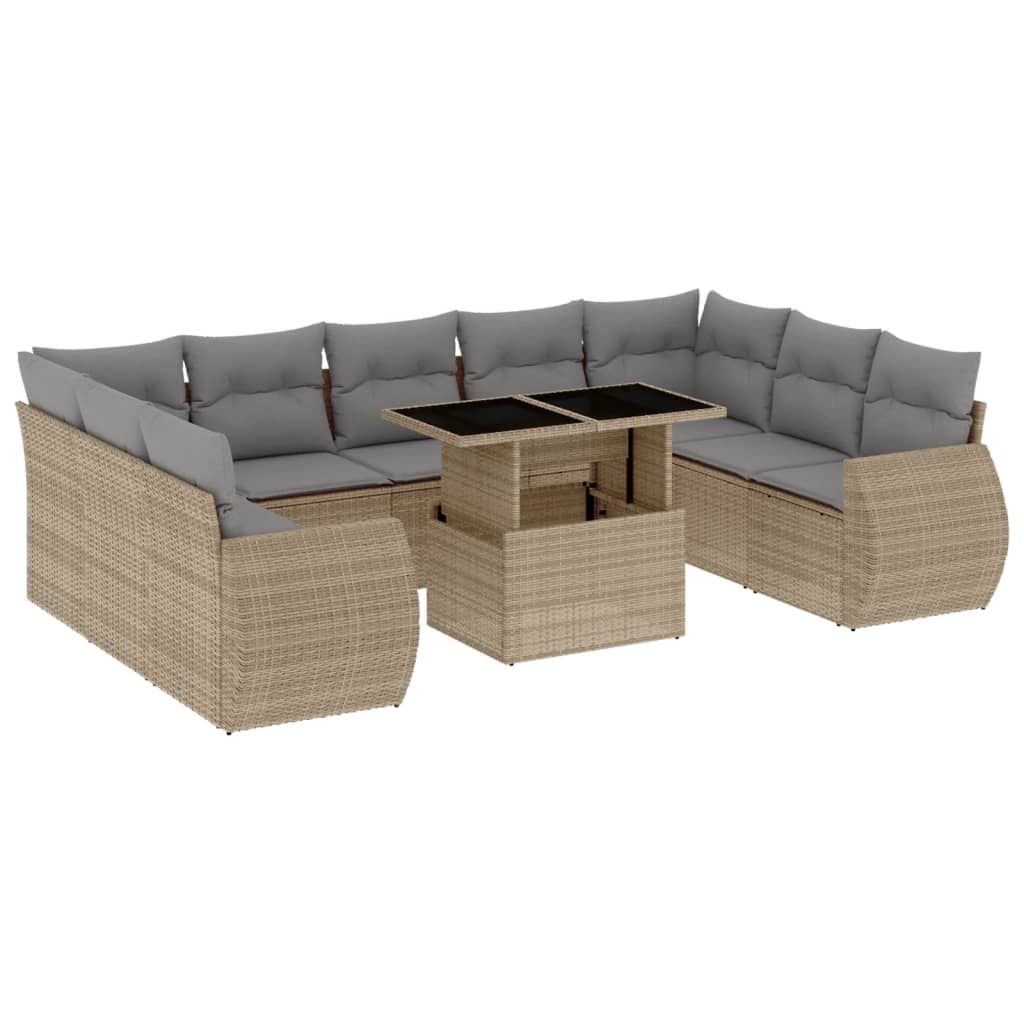 10-tlg. Garten-Sofagarnitur mit Kissen Beige Poly Rattan - Pazzar.ch