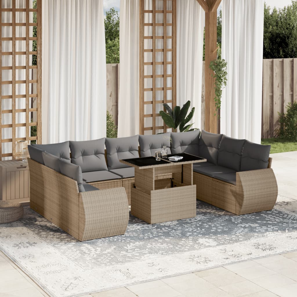 10-tlg. Garten-Sofagarnitur mit Kissen Beige Poly Rattan - Pazzar.ch