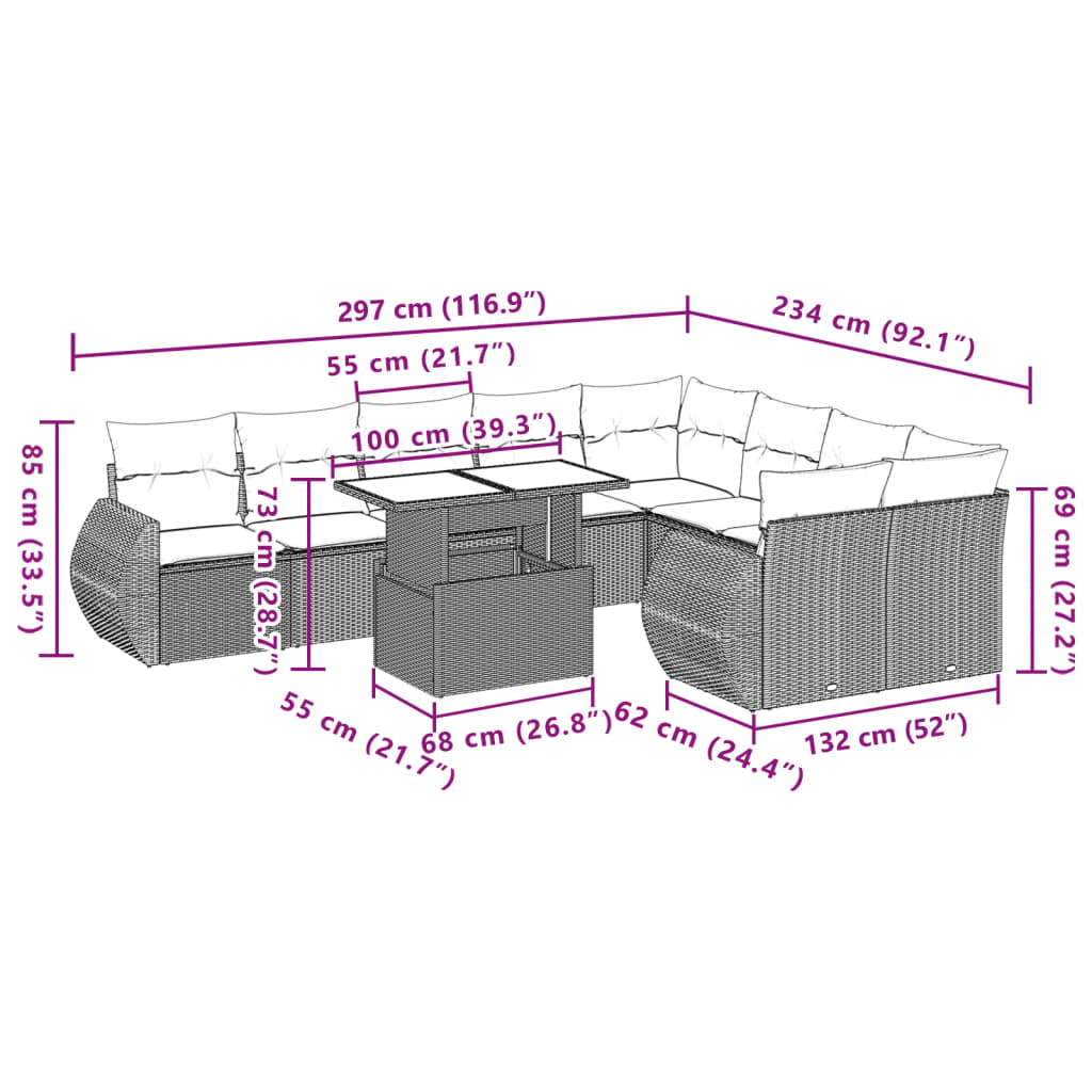 10-tlg. Garten-Sofagarnitur mit Kissen Schwarz Poly Rattan - Pazzar.ch