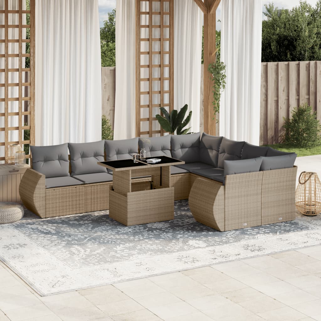 10-tlg. Garten-Sofagarnitur mit Kissen Beige Poly Rattan - Pazzar.ch