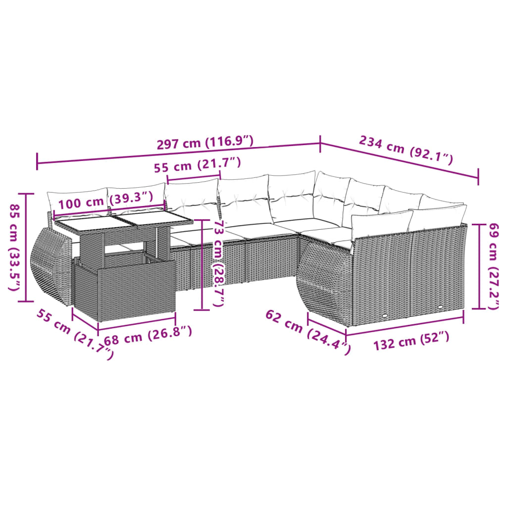 10-tlg. Garten-Sofagarnitur mit Kissen Schwarz Poly Rattan