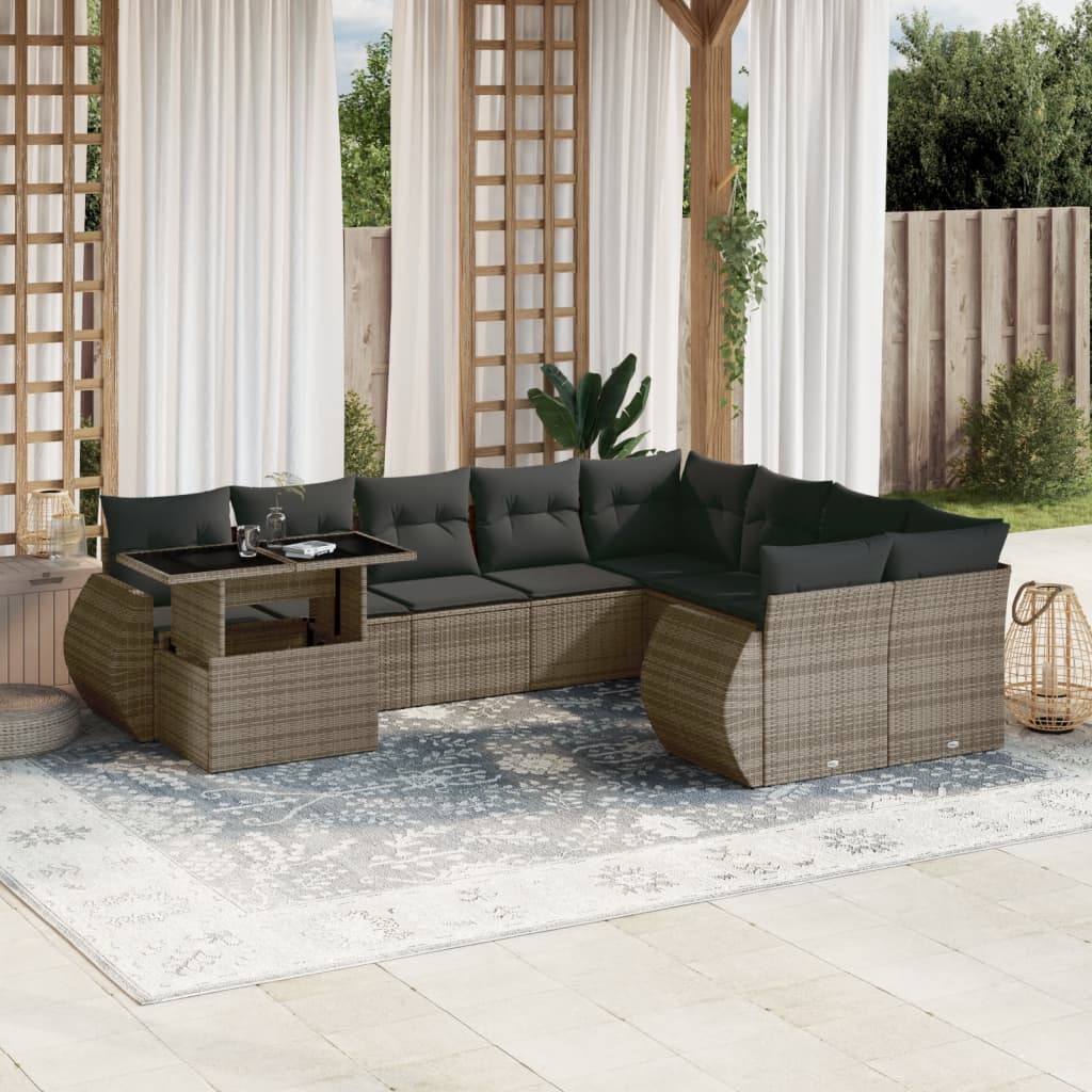 10-tlg. Garten-Sofagarnitur mit Kissen Grau Poly Rattan - Pazzar.ch