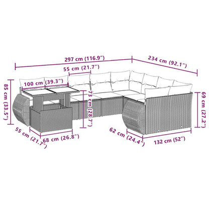 10-teiliges Gartensofa-Set mit Kissen, grau, Polyrattan