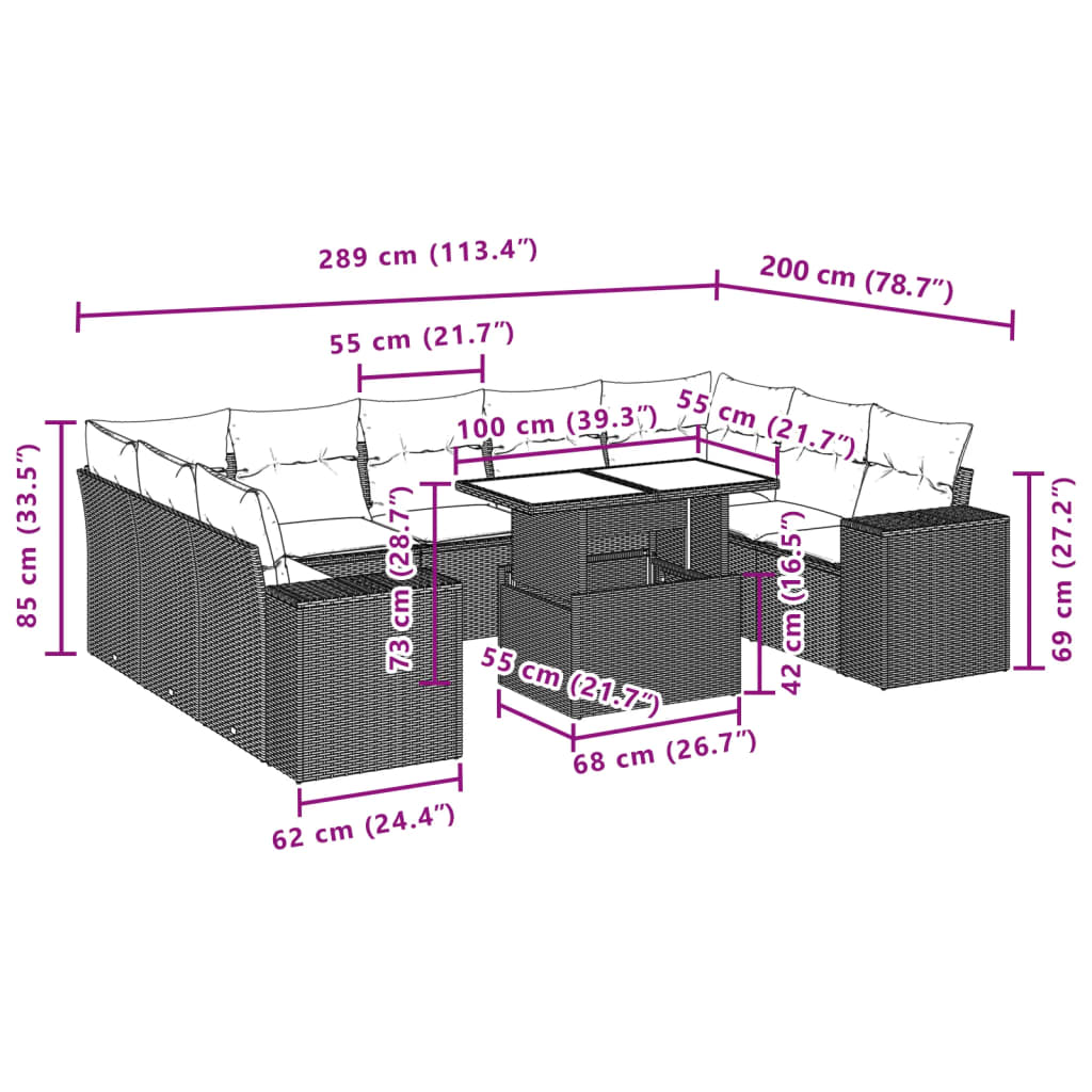 10-tlg. Garten-Sofagarnitur mit Kissen Schwarz Poly Rattan - Pazzar.ch