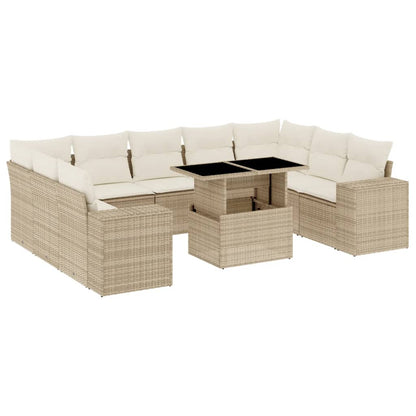 10-tlg. Garten-Sofagarnitur mit Kissen Beige Poly Rattan - Pazzar.ch