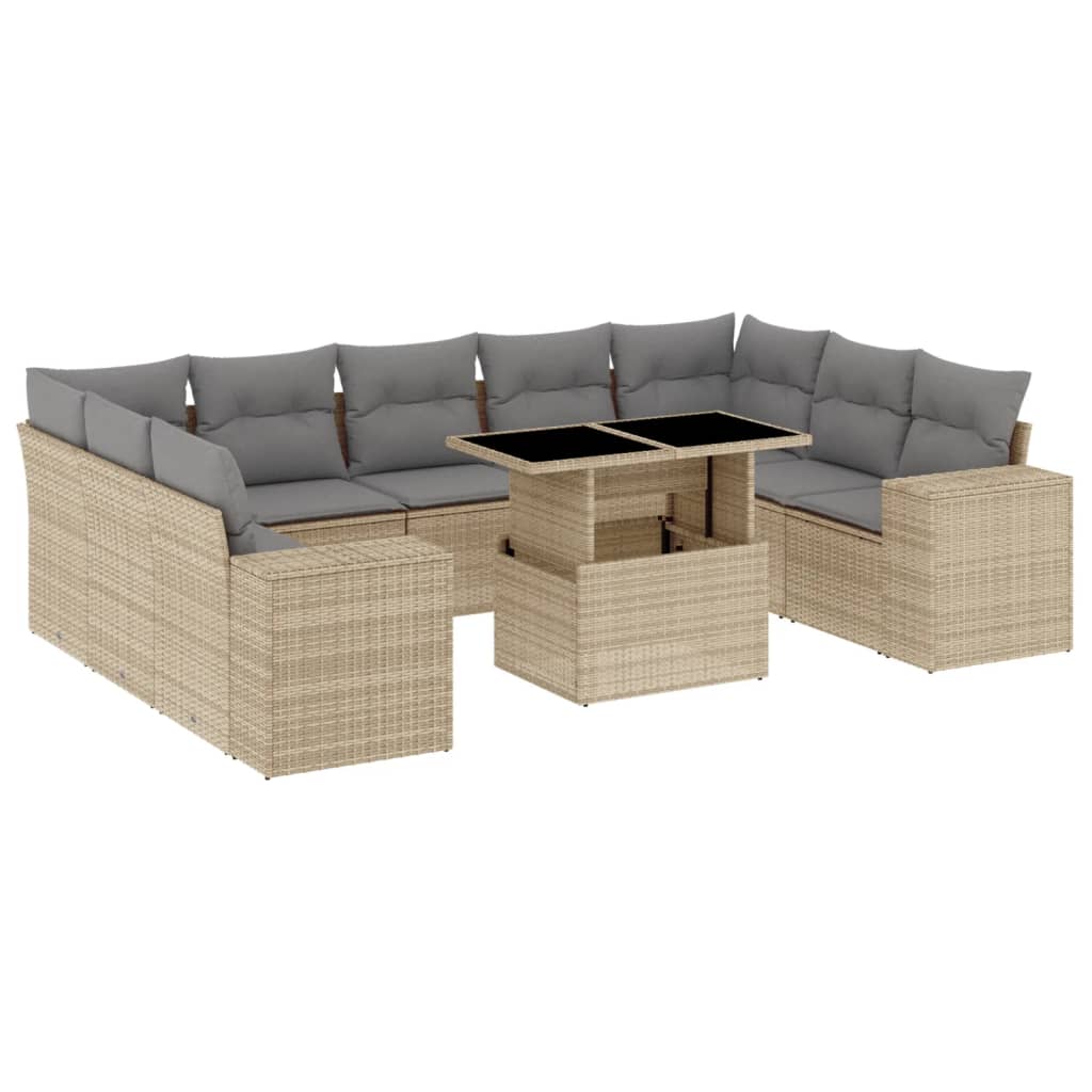 10-tlg. Garten-Sofagarnitur mit Kissen Beige Poly Rattan - Pazzar.ch