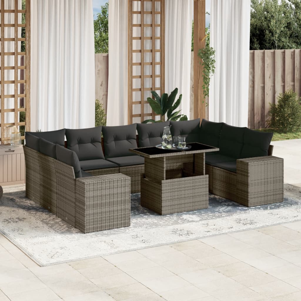 10-tlg. Garten-Sofagarnitur mit Kissen Grau Poly Rattan - Pazzar.ch