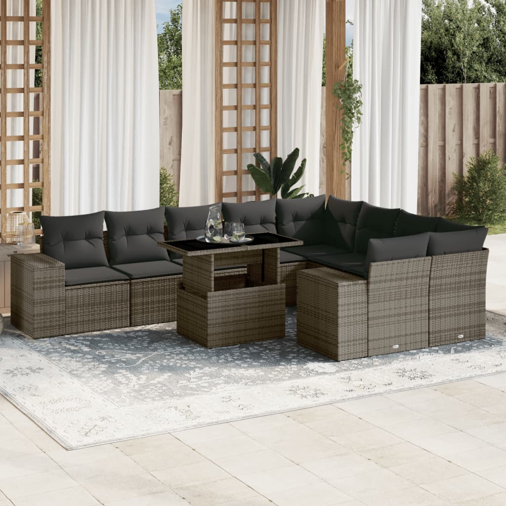 10-tlg. Garten-Sofagarnitur mit Kissen Grau Poly Rattan - Pazzar.ch