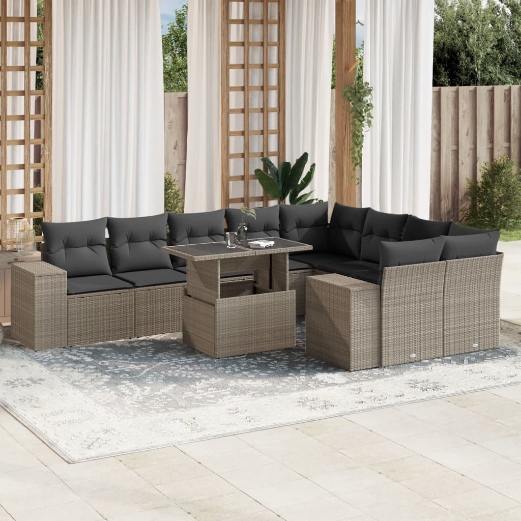 10-tlg. Garten-Sofagarnitur mit Kissen Hellgrau Poly Rattan