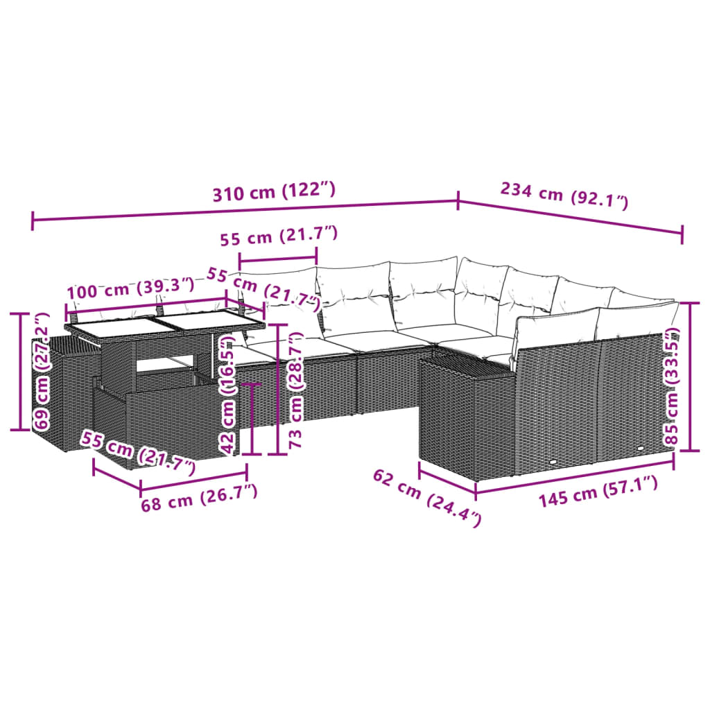 10-tlg. Garten-Sofagarnitur mit Kissen Schwarz Poly Rattan - Pazzar.ch