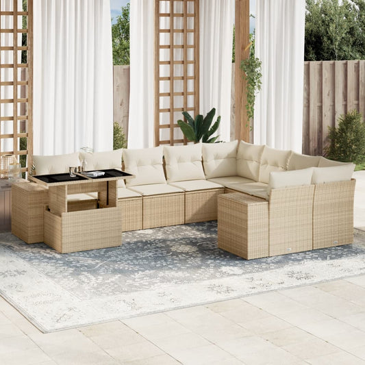 10-tlg. Garten-Sofagarnitur mit Kissen Beige Poly Rattan - Pazzar.ch