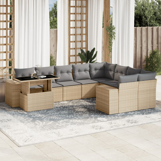 10-tlg. Garten-Sofagarnitur mit Kissen Beige Poly Rattan - Pazzar.ch