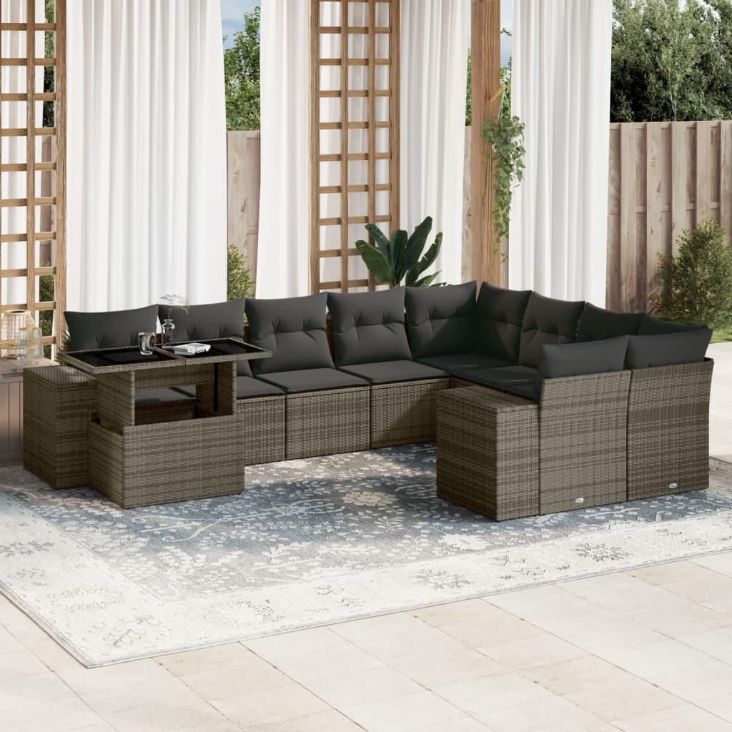 10-tlg. Garten-Sofagarnitur mit Kissen Grau Poly Rattan