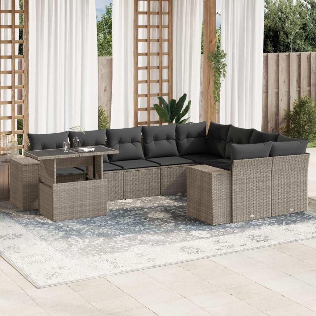 10-tlg. Garten-Sofagarnitur mit Kissen Hellgrau Poly Rattan - Pazzar.ch