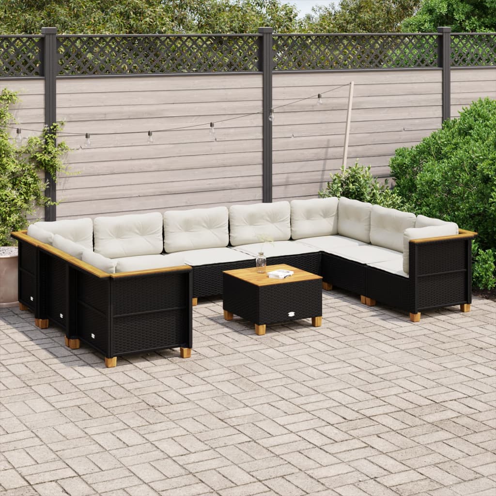 10-tlg. Garten-Sofagarnitur mit Kissen Schwarz Poly Rattan