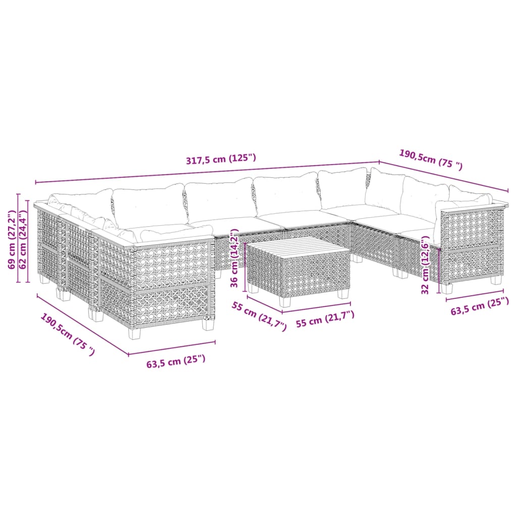 10-tlg. Garten-Sofagarnitur mit Kissen Schwarz Poly Rattan - Pazzar.ch