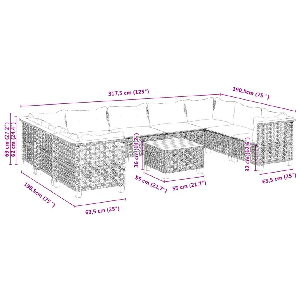 10-tlg. Garten-Sofagarnitur mit Kissen Grau Poly Rattan - Pazzar.ch