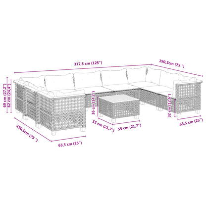 10-tlg. Garten-Sofagarnitur mit Kissen Grau Poly Rattan - Pazzar.ch