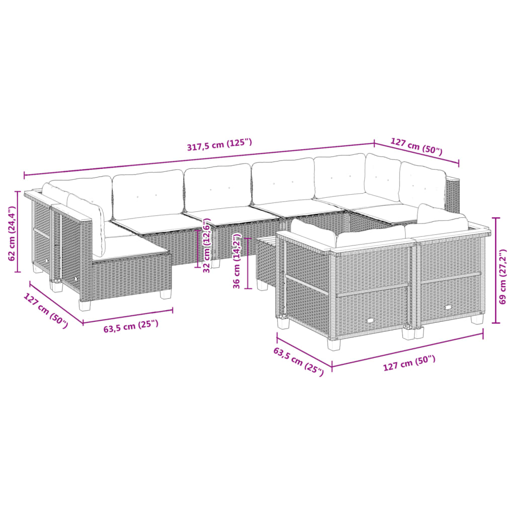 10-tlg. Garten-Sofagarnitur mit Kissen Schwarz Poly Rattan - Pazzar.ch