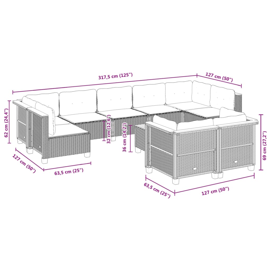 10-tlg. Garten-Sofagarnitur mit Kissen Grau Poly Rattan - Pazzar.ch