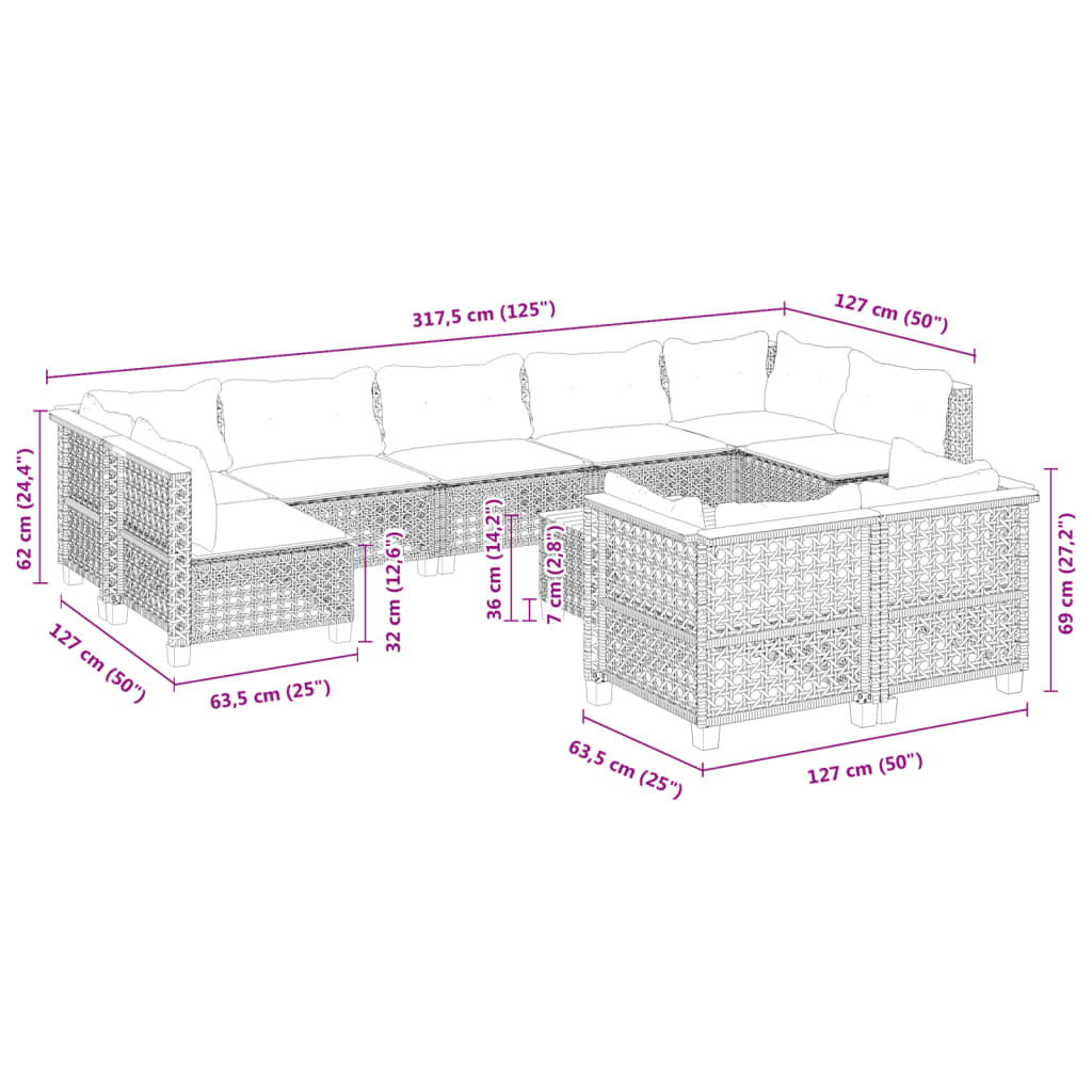 10-tlg. Garten-Sofagarnitur mit Kissen Grau Poly Rattan - Pazzar.ch