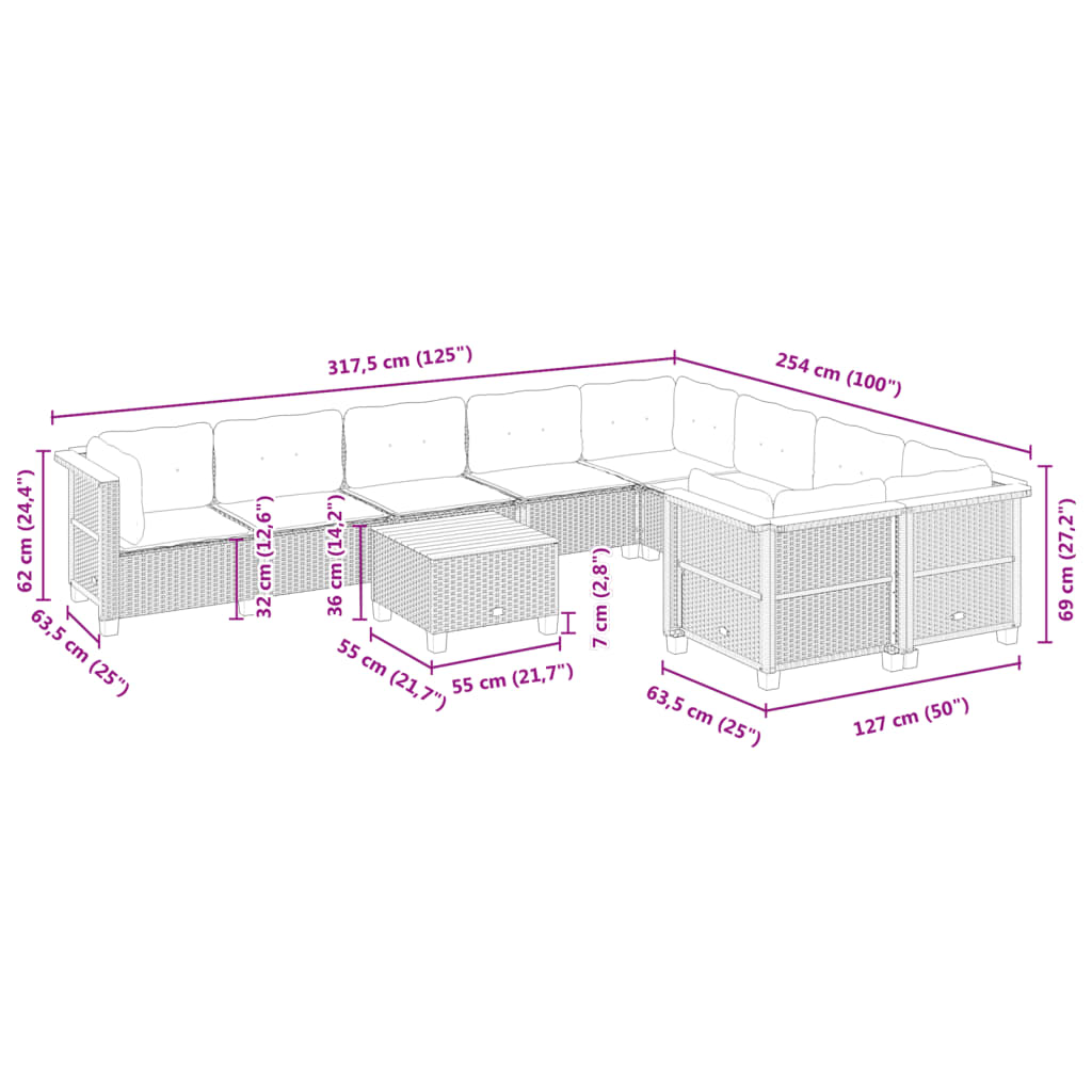 10-tlg. Garten-Sofagarnitur mit Kissen Schwarz Poly Rattan