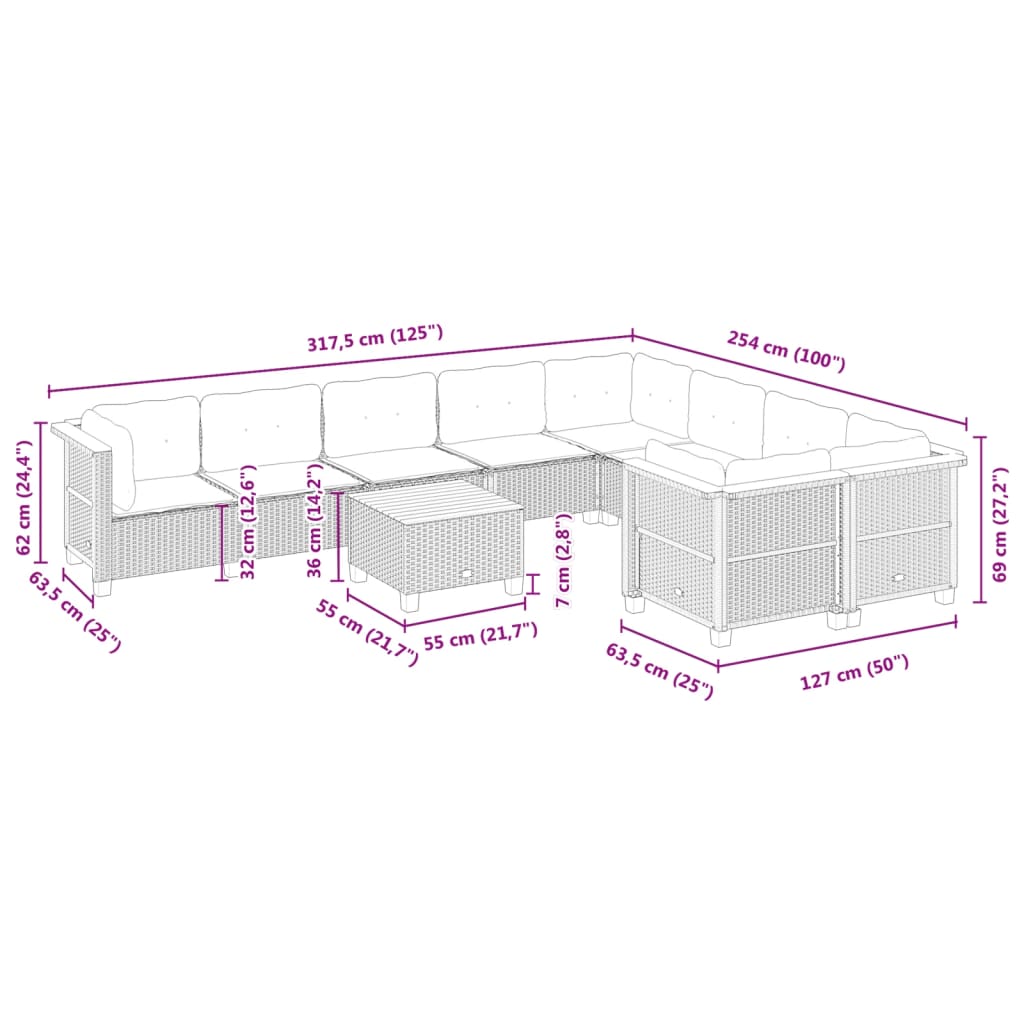 10-tlg. Garten-Sofagarnitur mit Kissen Grau Poly Rattan - Pazzar.ch