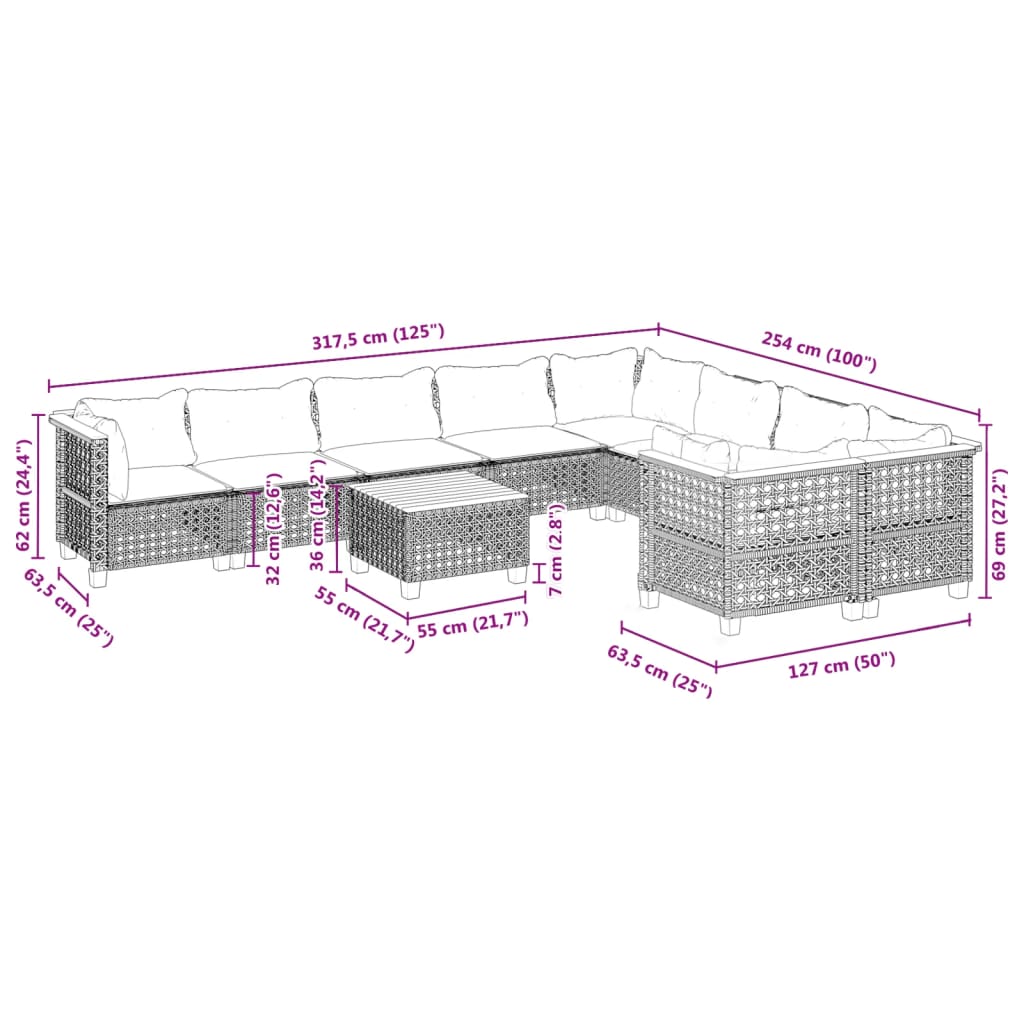 10-tlg. Garten-Sofagarnitur mit Kissen Schwarz Poly Rattan - Pazzar.ch