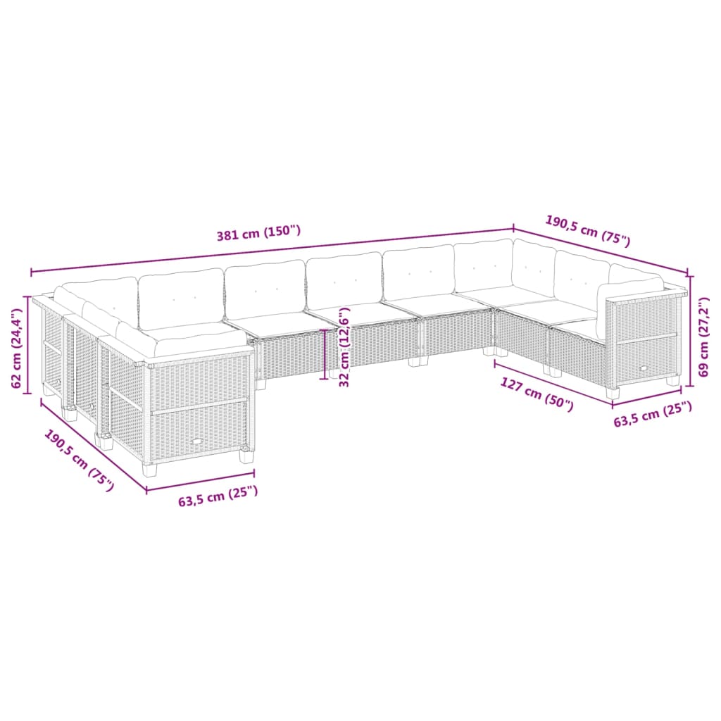 10-tlg. Garten-Sofagarnitur mit Kissen Beige Poly Rattan - Pazzar.ch