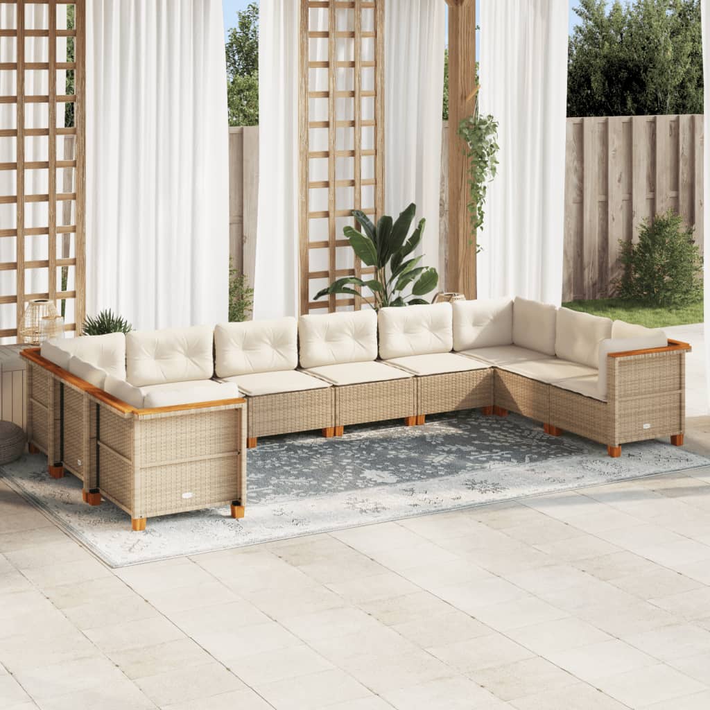 10-tlg. Garten-Sofagarnitur mit Kissen Beige Poly Rattan - Pazzar.ch