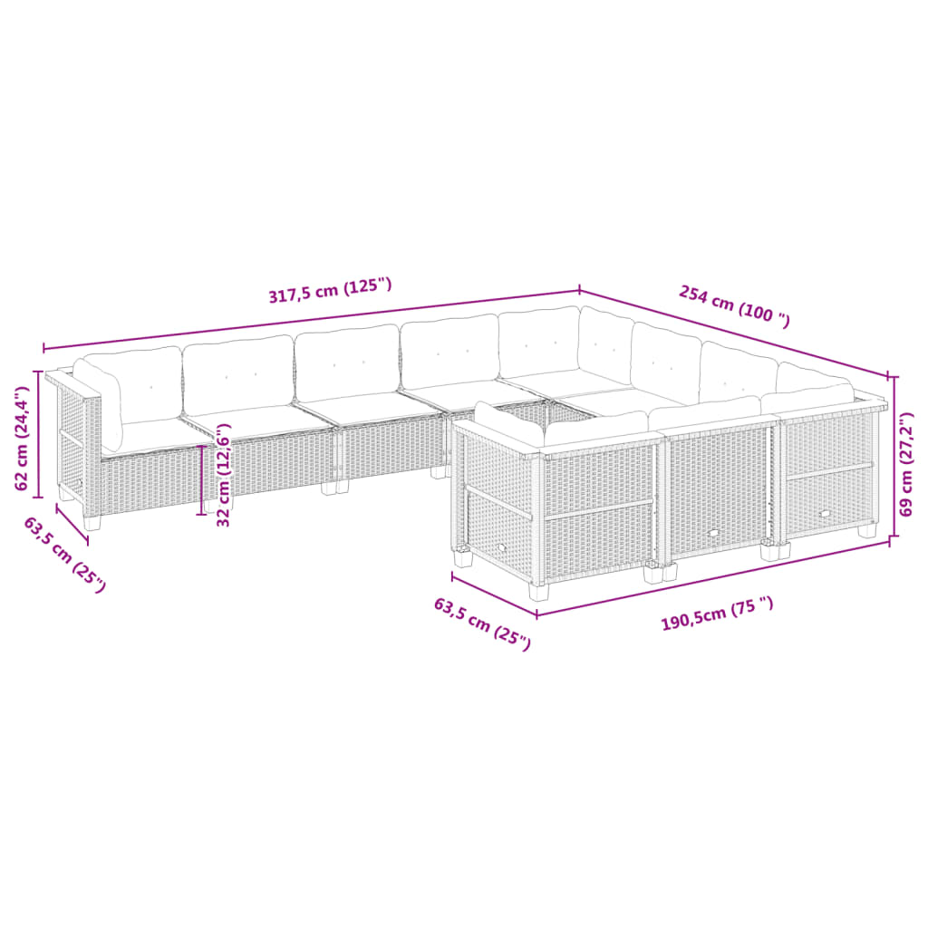 10-tlg. Garten-Sofagarnitur mit Kissen Grau Poly Rattan - Pazzar.ch