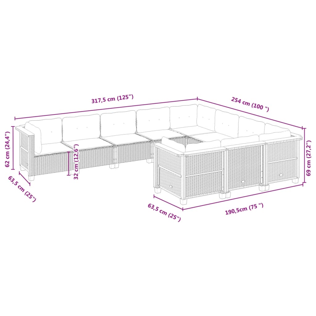 10-tlg. Garten-Sofagarnitur mit Kissen Beige Poly Rattan - Pazzar.ch