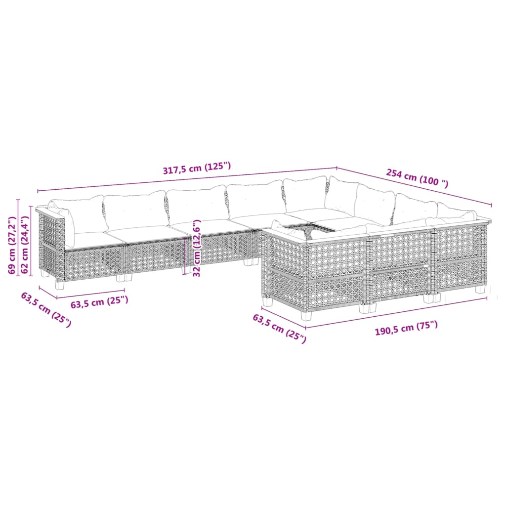 10-tlg. Garten-Sofagarnitur mit Kissen Schwarz Poly Rattan - Pazzar.ch