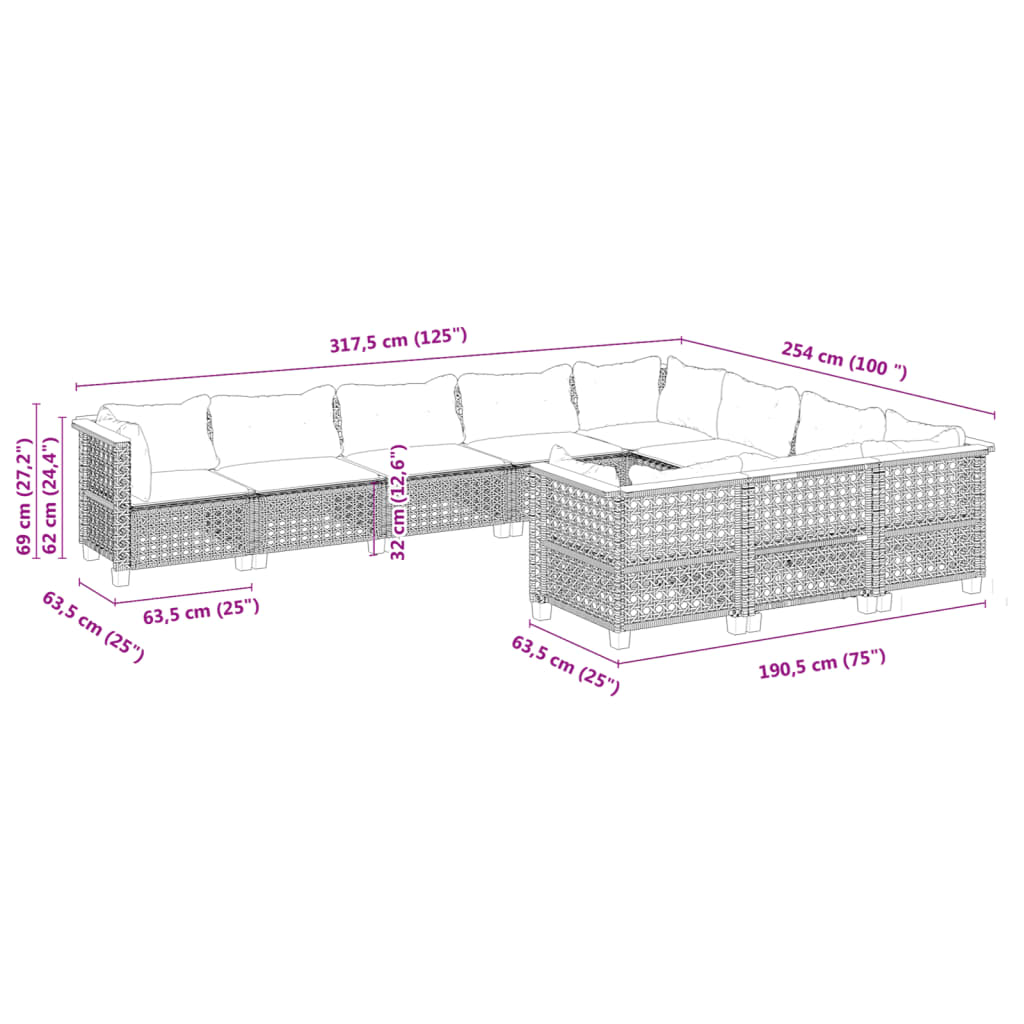 10-tlg. Garten-Sofagarnitur mit Kissen Grau Poly Rattan - Pazzar.ch