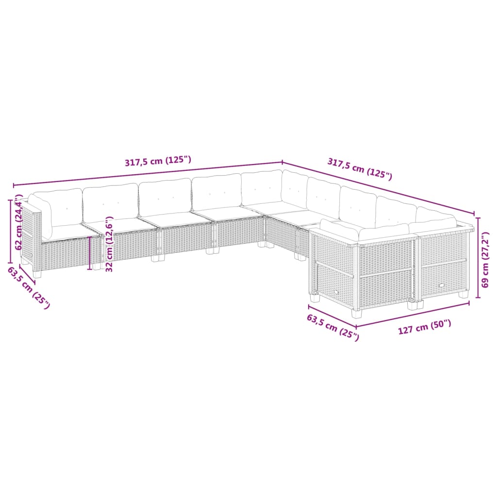 10-tlg. Garten-Sofagarnitur mit Kissen Grau Poly Rattan - Pazzar.ch