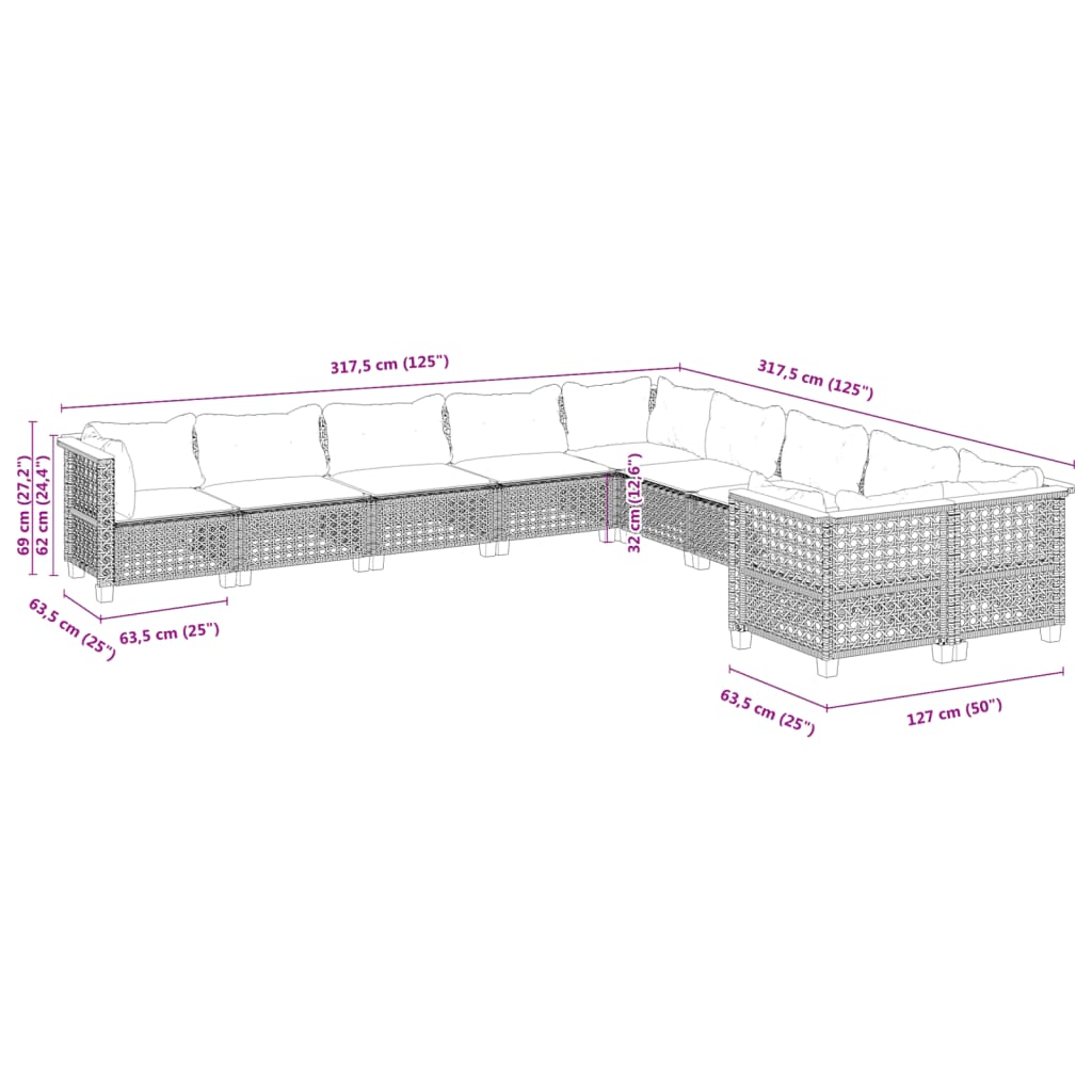 10-tlg. Garten-Sofagarnitur mit Kissen Schwarz Poly Rattan