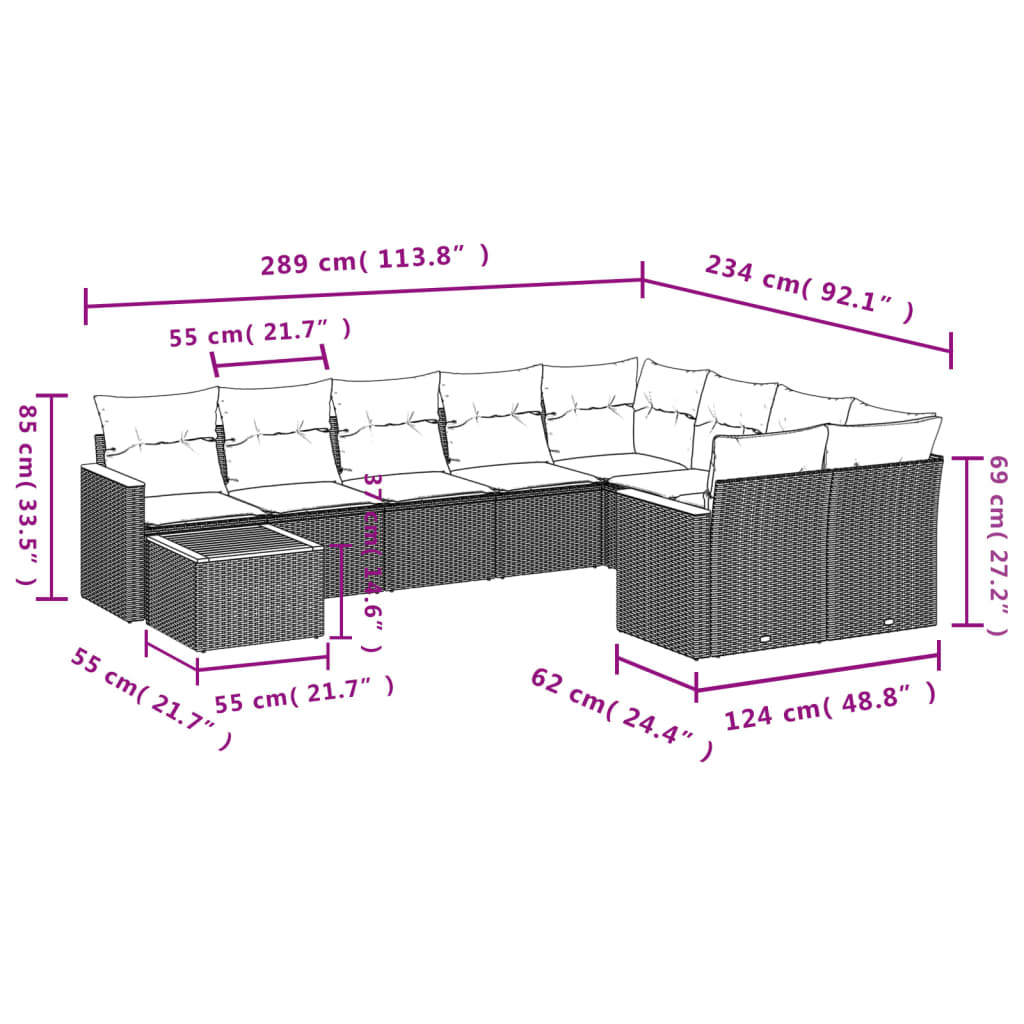 10-tlg. Garten-Sofagarnitur mit Kissen Schwarz Poly Rattan - Pazzar.ch