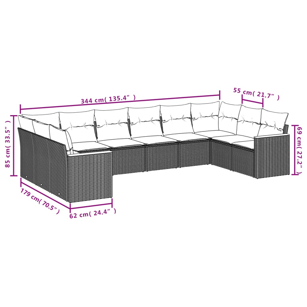 10-tlg. Garten-Sofagarnitur mit Kissen Schwarz Poly Rattan - Pazzar.ch