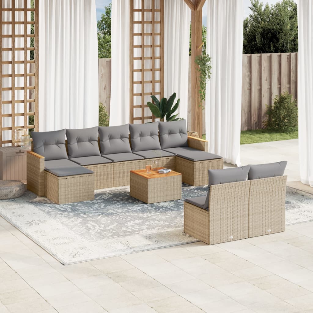 10-tlg. Garten-Sofagarnitur mit Kissen Beige Poly Rattan - Pazzar.ch