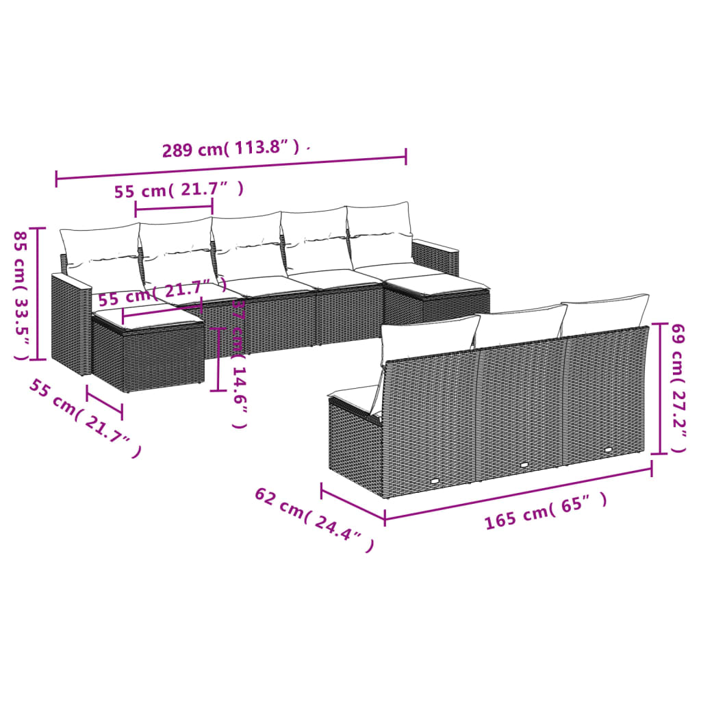 10-tlg. Garten-Sofagarnitur mit Kissen Schwarz Poly Rattan - Pazzar.ch