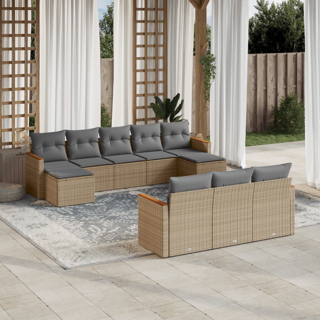 10-tlg. Garten-Sofagarnitur mit Kissen Beige Poly Rattan - Pazzar.ch