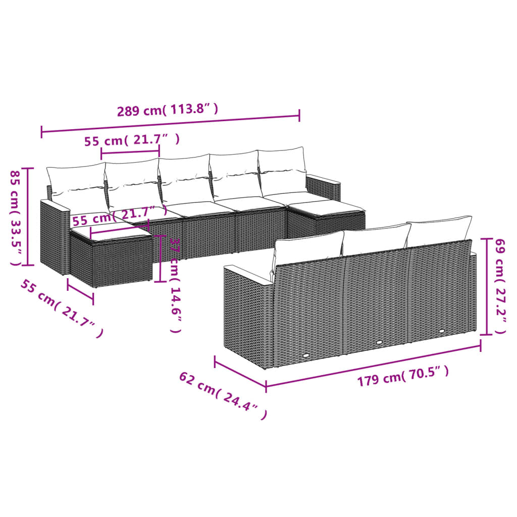 10-tlg. Garten-Sofagarnitur mit Kissen Grau Poly Rattan - Pazzar.ch