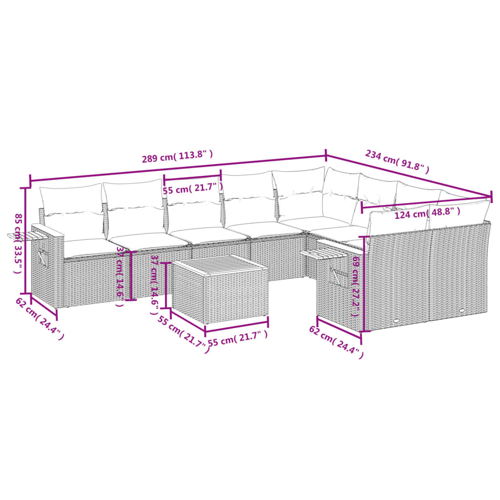 10-tlg. Garten-Sofagarnitur mit Kissen Beige Poly Rattan - Pazzar.ch