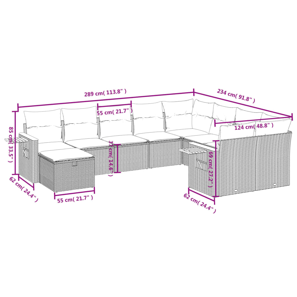 10-tlg. Garten-Sofagarnitur mit Kissen Schwarz Poly Rattan - Pazzar.ch