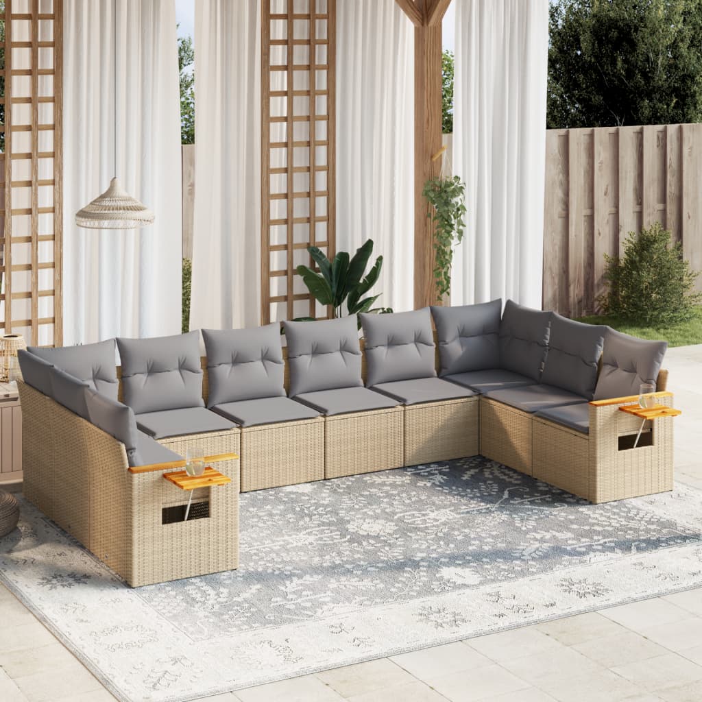 10-tlg. Garten-Sofagarnitur mit Kissen Beige Poly Rattan - Pazzar.ch