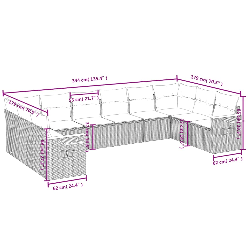 10-tlg. Garten-Sofagarnitur mit Kissen Grau Poly Rattan - Pazzar.ch