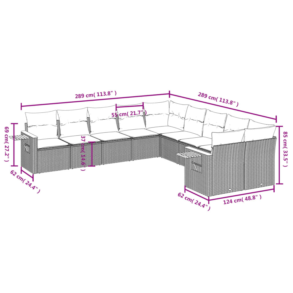 10-tlg. Garten-Sofagarnitur mit Kissen Schwarz Poly Rattan - Pazzar.ch