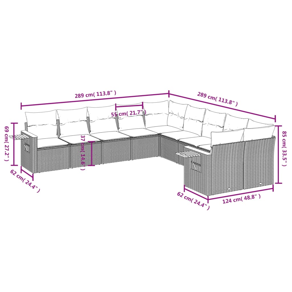 10-tlg. Garten-Sofagarnitur mit Kissen Grau Poly Rattan - Pazzar.ch